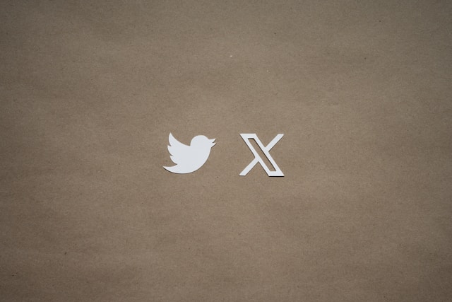 Illustrations of the former Twitter logo and the new X logo on a brown background.