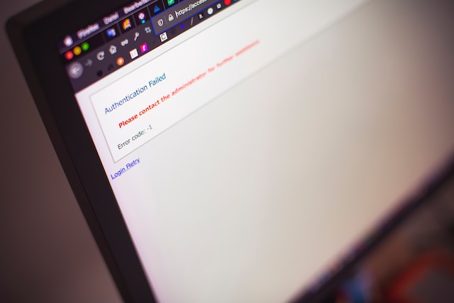 A picture of a computer screen displaying an error code with a failed authentication.