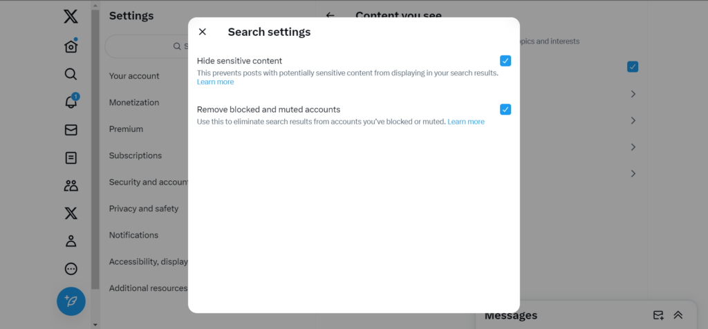 TweetDelete’s screenshot of an account’s search settings enabling safe search. 