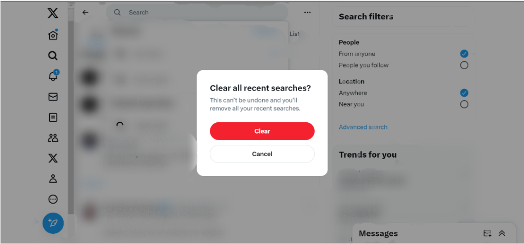 TweetDelete’s screenshot of the confirmation menu for erasing an X search history. 