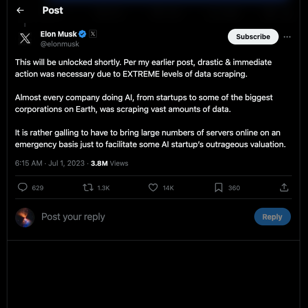 A screenshot from TweetDelete about Elon Musk’s post explaining why the rate limit is necessary.