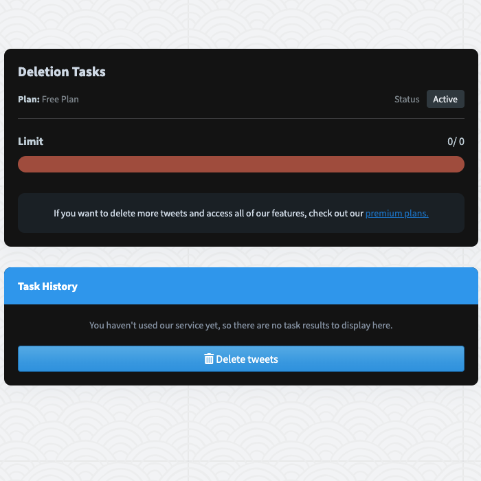 TweetDelete’s screenshot of its delete tweets tool dashboard.
