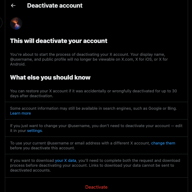 A screenshot from TweetDelete about a user deactivating their account on X to clear all tweets from their profile.
