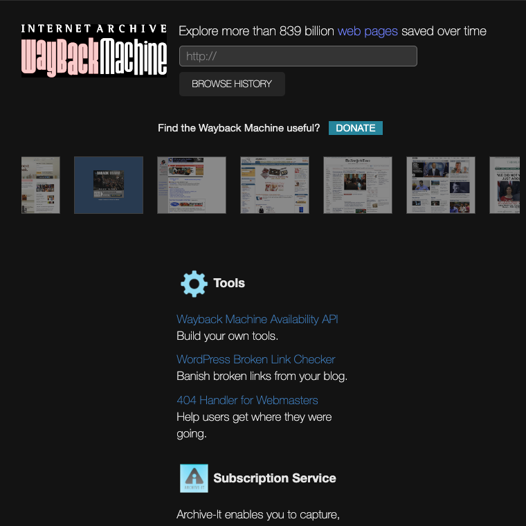 TweetDelete’s screenshot of Internet Archive’s Wayback Machine tool to search for older versions of various websites.
