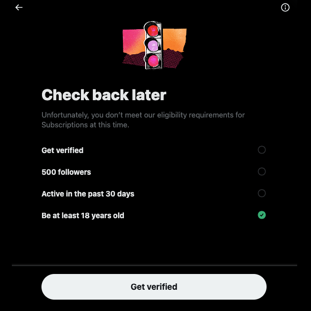 Tweet Delete’s screenshot of what an X user sees when checking if they are eligible for X Subscriptions.