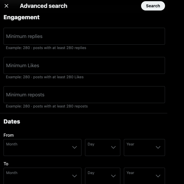 A screenshot captured by TweetDelete of a user using advanced search to look for a tweet on X.