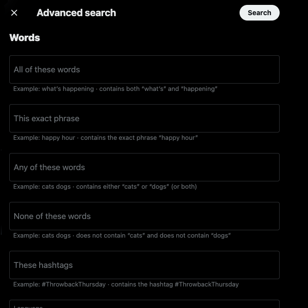 A screenshot from TweetDelete of X’s advanced search section.