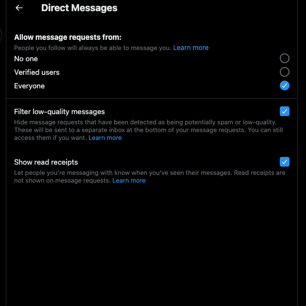 TweetDelete’s screenshot of the Twitter settings page to change the direct messages filter.
