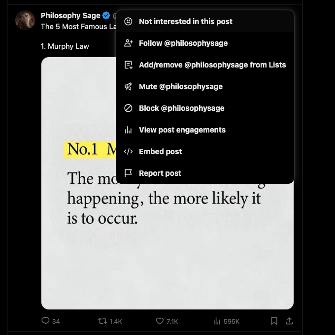 A screenshot captured by TweetDelete of a user marking a post as Not Interested.