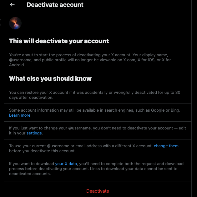 Tweet Delete’s screenshot of the user deactivation section on X.