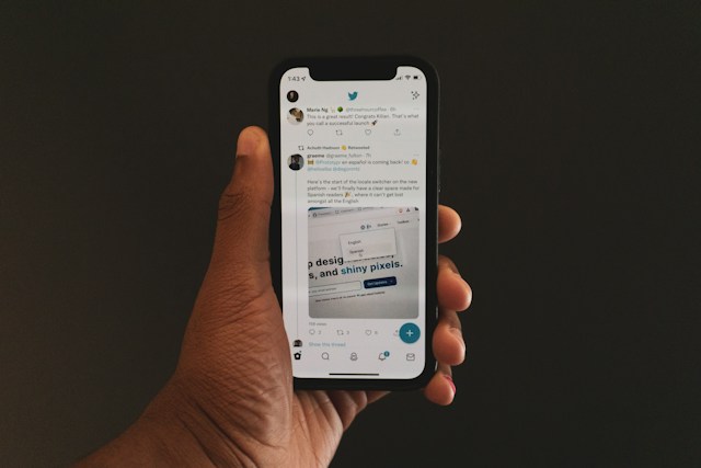 A person views a reposted tweet from a user they follow on their black iPhone.