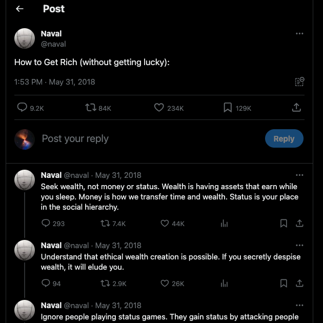 TweetDelete’s screenshot of Naval Ravikanth’s Twitter thread on how to get rich.