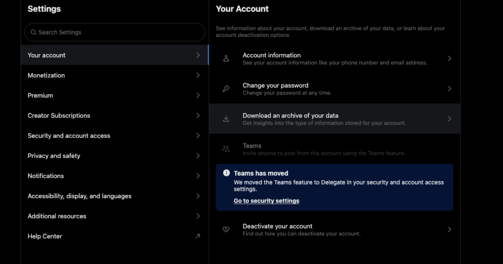 TweetDelete’s screenshot of X’s settings page to download a user’s X Data file.