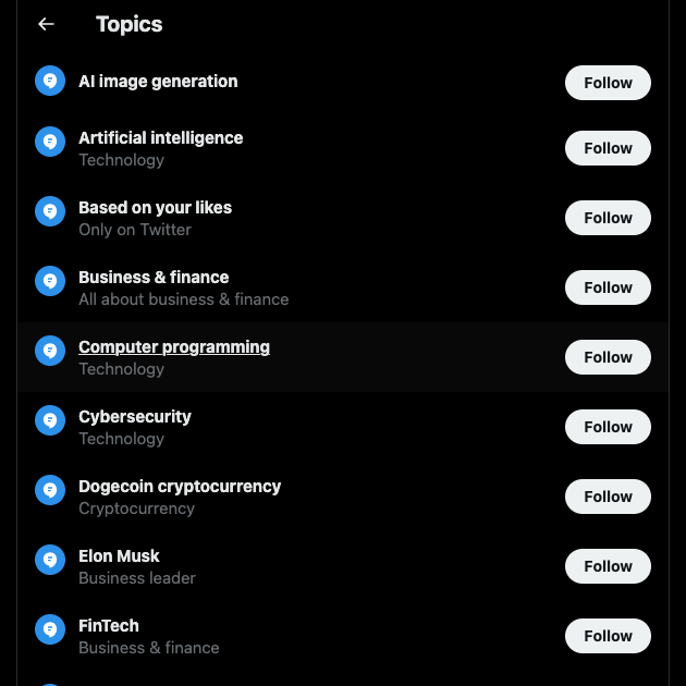 TweetDelete’s screenshot of various topics a Twitter user follows.
