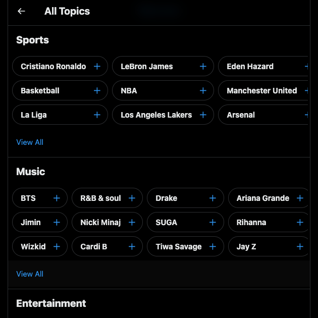 TweetDelete’s screenshot of the Topics settings page on Twitter.
