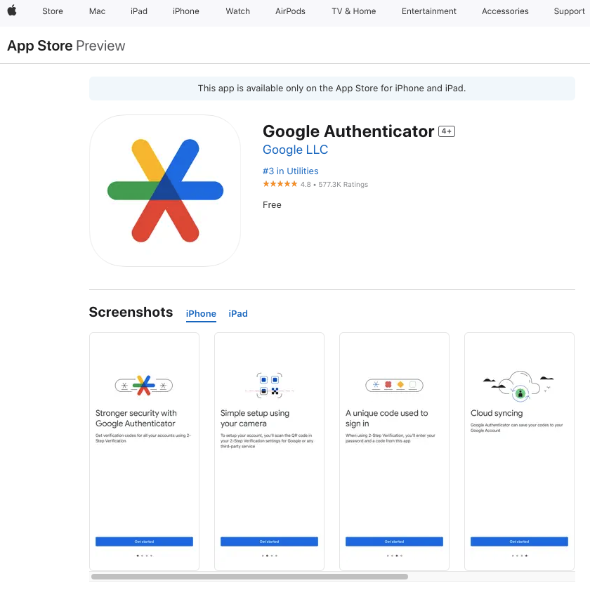 TweetDeleteのApp StoreにおけるGoogle Authenticatorのページのスクリーンショット。