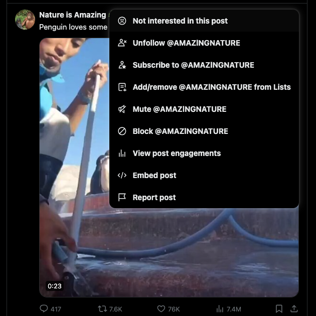 TweetDelete’s screenshot of the dropdown menu on Twitter to mark a post as not interesting.

