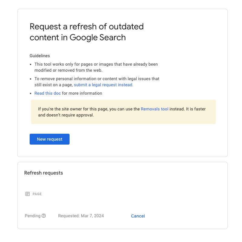 TweetDelete’s screenshot of Google’s tool to remove outdated content from its search engine.