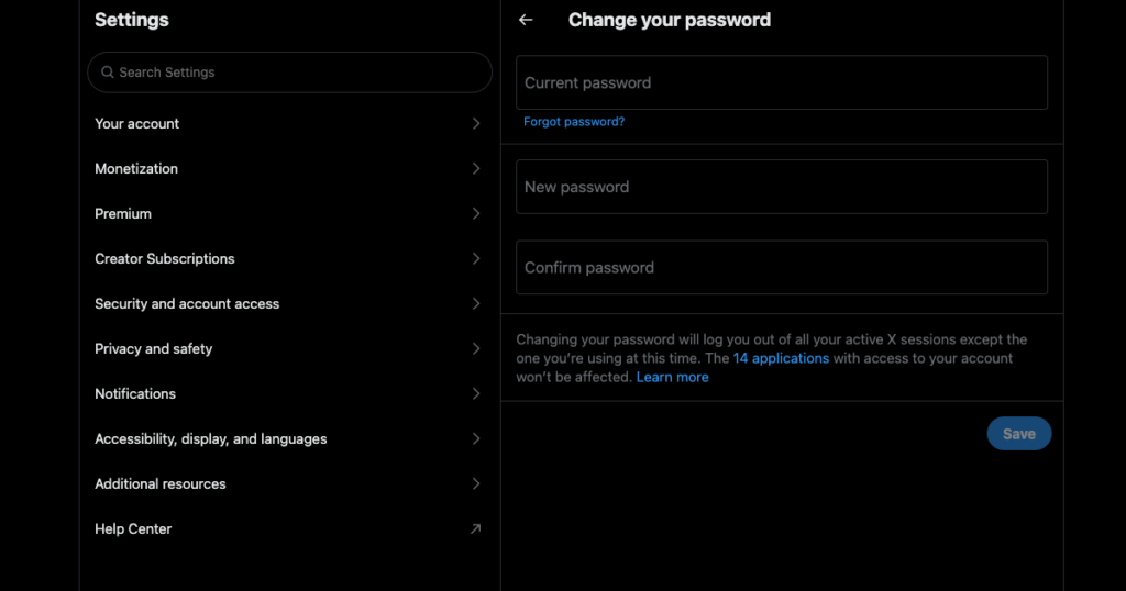 TweetDeleteによるTwitterのパスワード変更設定ページのスクリーンショット。