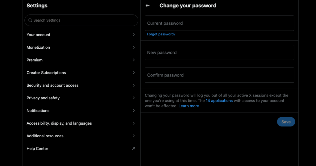 لقطة شاشة TweetDelete لصفحة إعدادات تويتر لتغيير كلمة مرور المستخدم.