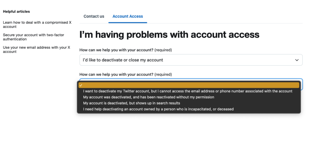 TweetDelete’s screenshot of X’s account access form to deactivate suspended accounts. 