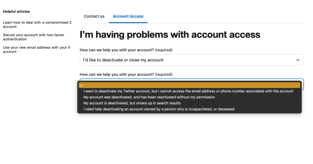 Capture d'écran de TweetDelete du formulaire d'accès au compte de X pour désactiver les comptes suspendus. 