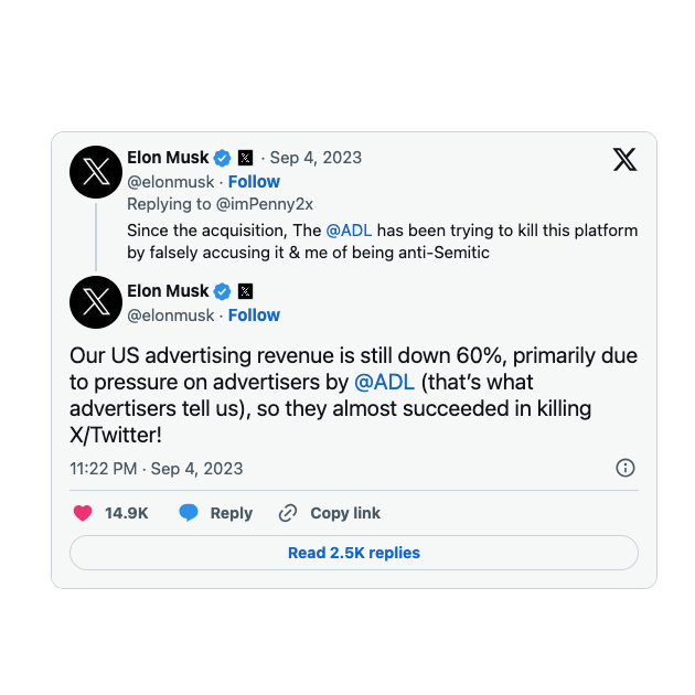 イーロン・マスクがXの広告収入減についてつぶやいたTweetDeleteのスクリーンショット。
