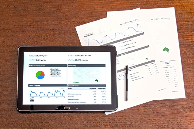 Several key metrics for a website on a tablet and two sheets of paper.