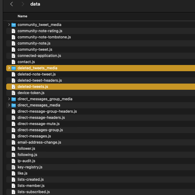 Capture d'écran de TweetDelete du fichier Twitter Archive avec le dossier des tweets supprimés.
