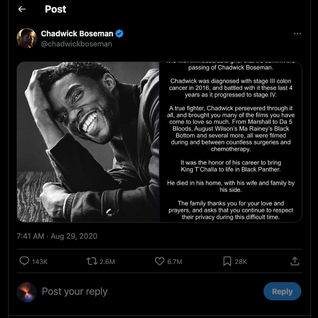 TweetDelete este captura de ecran a unei postări a familiei lui Chadwick Boseman despre moartea tragică a acestuia.
