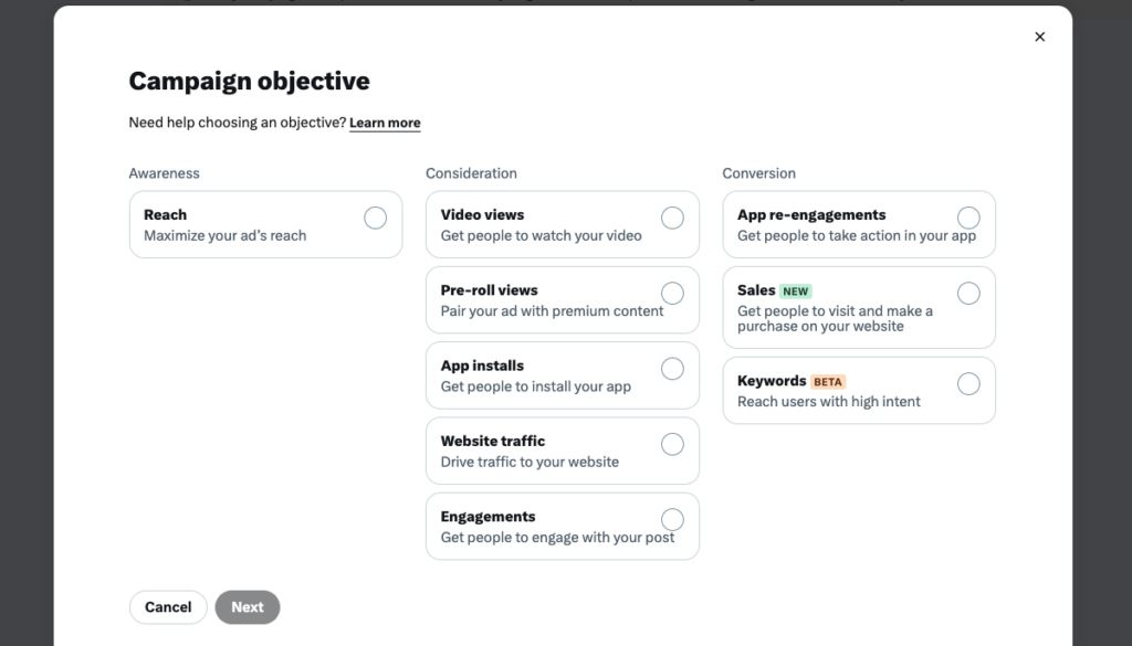 TweetDelete’s screenshot of the campaign objective picker for Twitter Ads.
