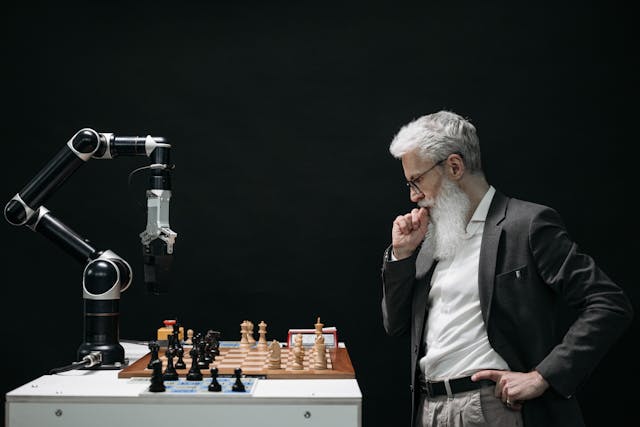 An elderly gentleman thinks about their next move in a game of chess against a mechanical arm.