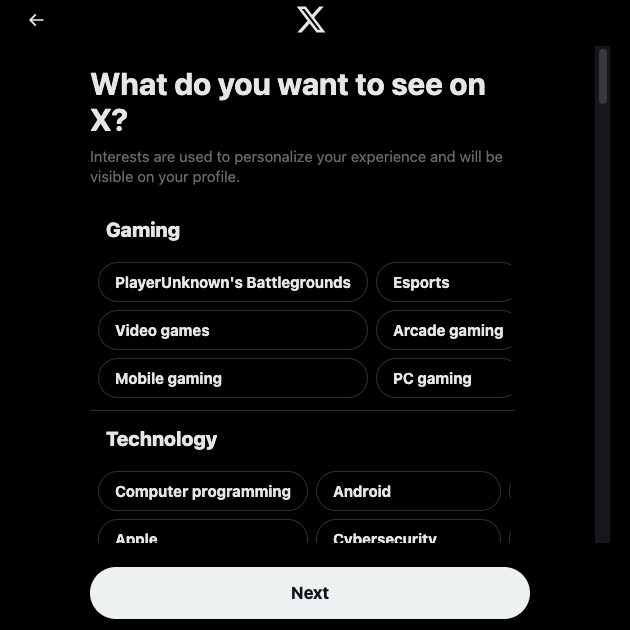 TweetDelete’s screenshot of Twitter’s account creation process in which a user selects multiple subtopics.
