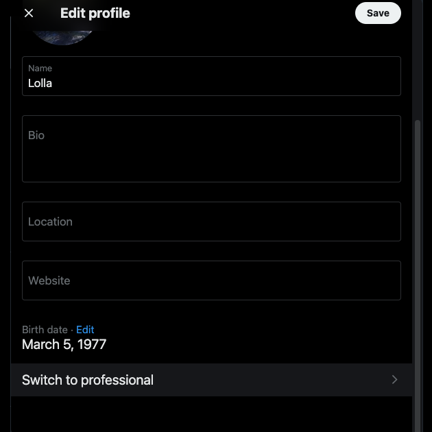 Capture d'écran de TweetDelete de la page des paramètres de Twitter pour passer d'un compte personnel à un compte professionnel.
