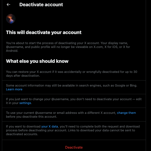 TweetDelete’s screenshot of a page on Twitter to deactivate an individual’s account.
