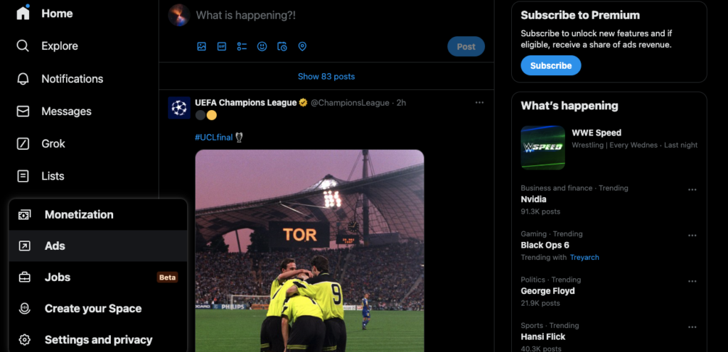 TweetDelete’s screenshot of the X Ads button in Twitter’s side panel on a desktop browser.