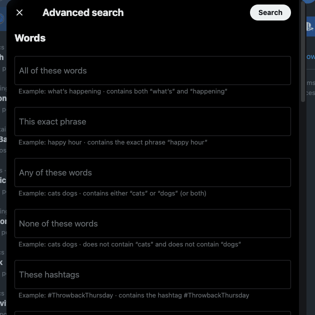 Captură de ecran a instrumentului de căutare avansată de pe Twitter.