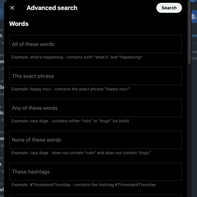 Capture d'écran de TweetDelete de l'outil de recherche avancée de Twitter.