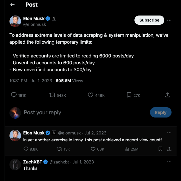 TweetDeleteによる、Twitterのレート制限に関するイーロン・マスクの投稿のスクリーンショット。
