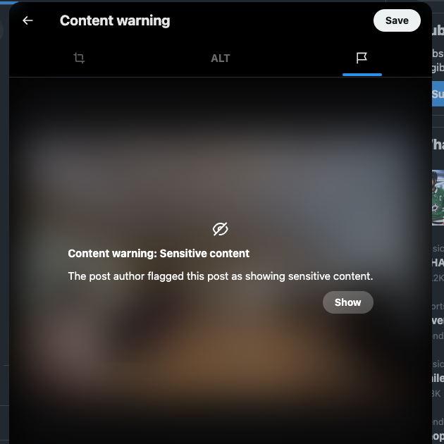 TweetDeleteがTwitterで表示された敏感な内容に関する警告のスクリーンショット。