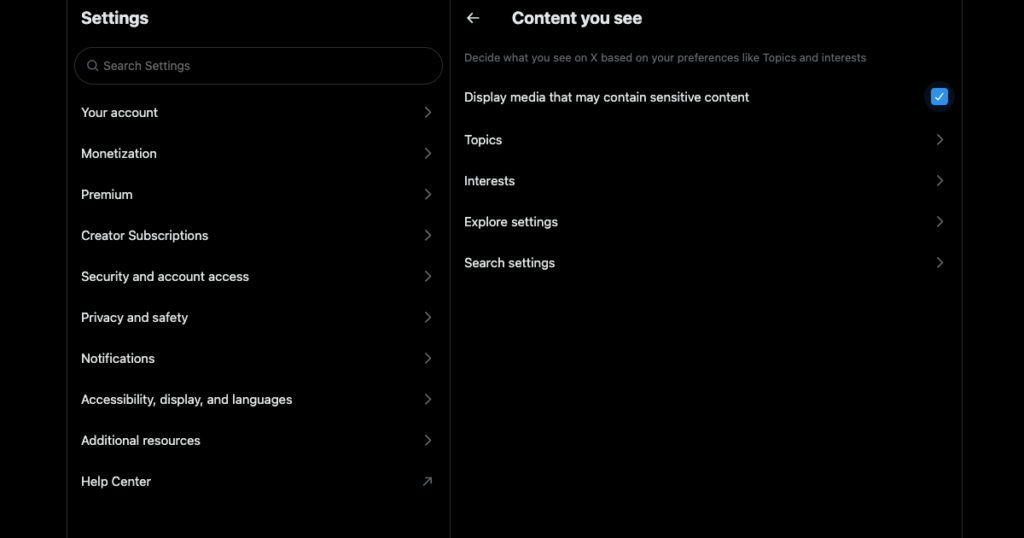 TweetDelete’s screenshot of Twitter’s settings page to remove the sensitive content label on posts.