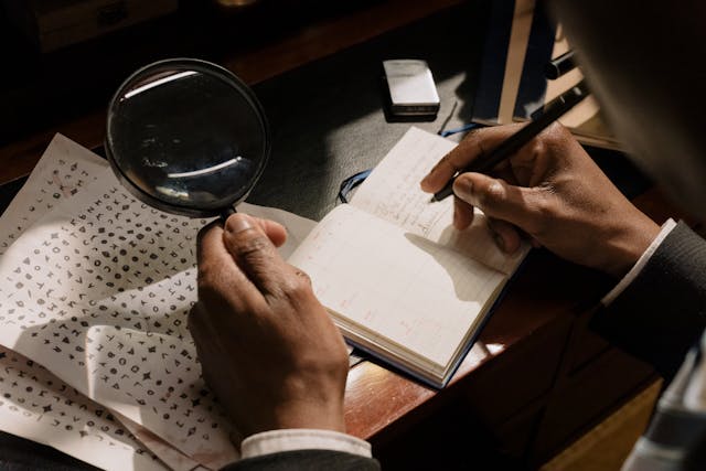 A person holds a magnifying glass and writes in a small notebook with a black pen.