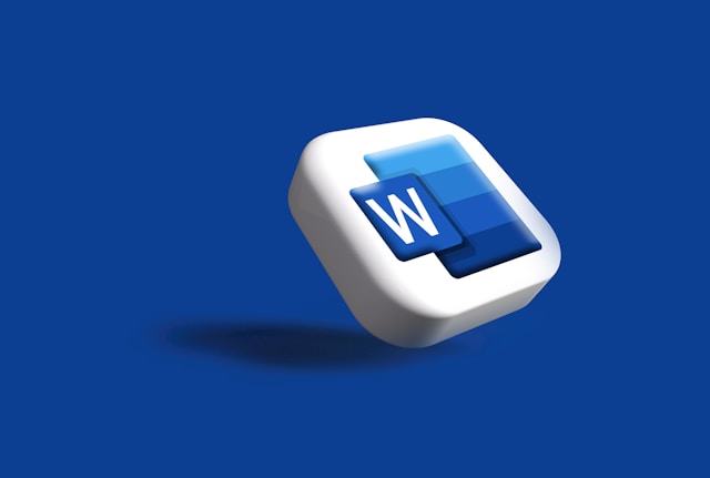 The MS Word logo on a white tile against a blue background.
