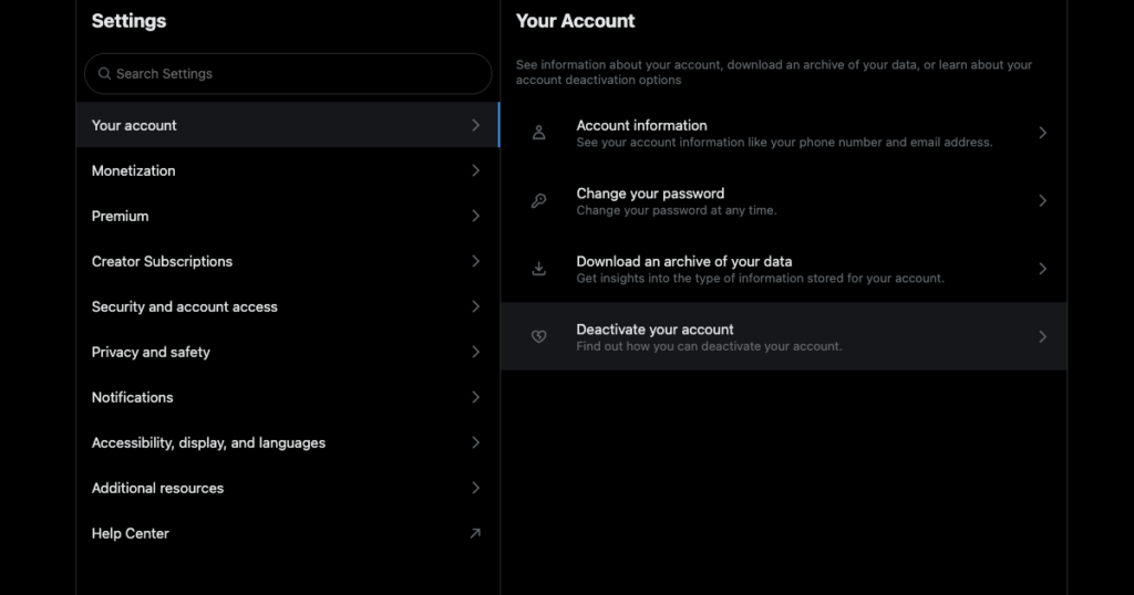 TweetDelete’s screenshot of Twitter’s settings page to deactivate a user’s account.