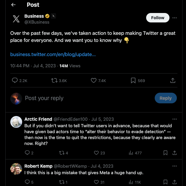 TweetElimină captura de ecran a postării de pe contul de business al Twitter care explică motivele din spatele limitelor de viteză ale platformei.