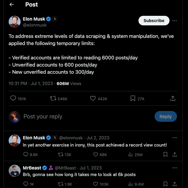 Tangkapan layar TweetDelete dari tweet Elon Musk tentang batas tarif di Twitter.