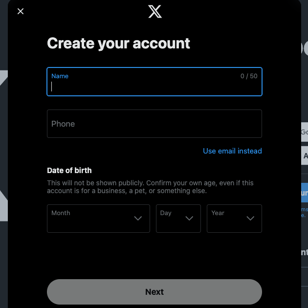 TweetDelete’s screenshot of a page on Twitter to create a new account.