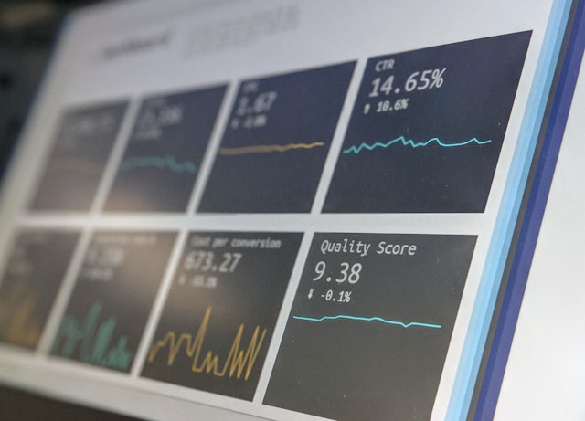 A close-up of an analytics dashboard with various performance metrics in cards.