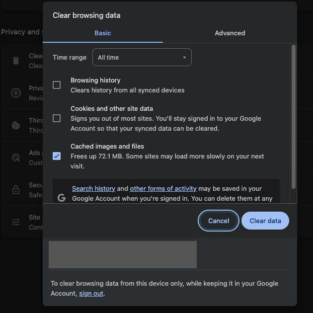 TweetDelete’s screenshot of the Clear Browsing Data popup on Google Chrome.