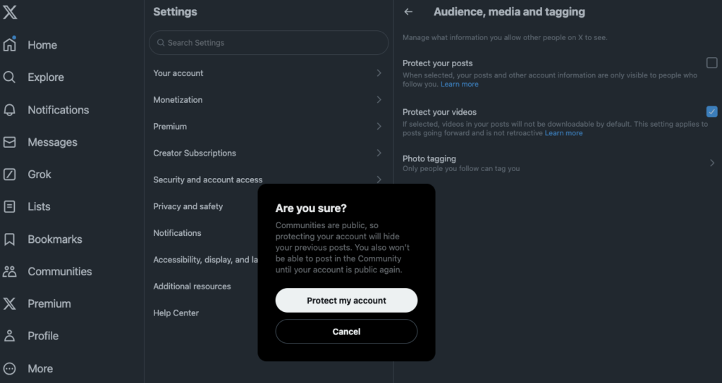 TweetDelete’s screenshot of Twitter’s settings page to make a profile private.